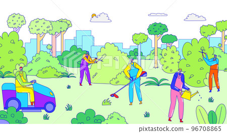 Urban care service outdoor park garden, teamwork people together maintenance reserve, city landscape line flat vector illustration. Urban care service outdoor park garden, teamwork people together maintenance reserve, city landscape line flat vector illustration. 96708865