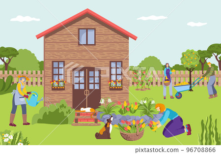 Group of people together garden maintenance, character farmer care plants field, concept country house flat vector illustration. Group of people together garden maintenance, character farmer care plants field, concept country house flat vector illustration. 96708866