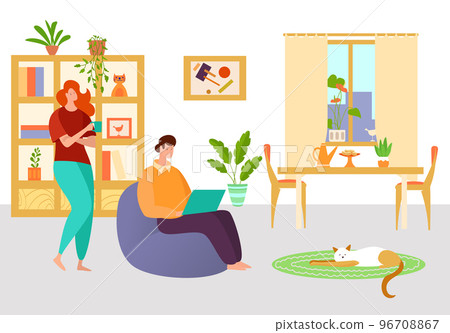 Professional freelancer work home, male character sitting soft chair and female drink coffee, comfortable place flat vector illustration. 96708867