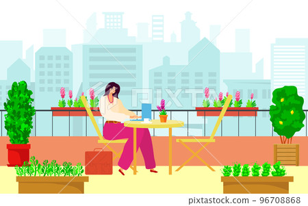 Businesswoman sitting floor terrace wooden table, female freelancer working laptop, coworking cafe place flat vector illustration. 96708868
