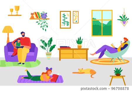 Character father, mother and children kid family read together book, cheerful happy spend time flat vector illustration. 96708878