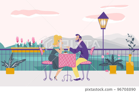 Lovely romantic date in cafe, couple sitting restaurant terrace, cozy place pair meeting flat vector illustration, natural landscape. 96708890
