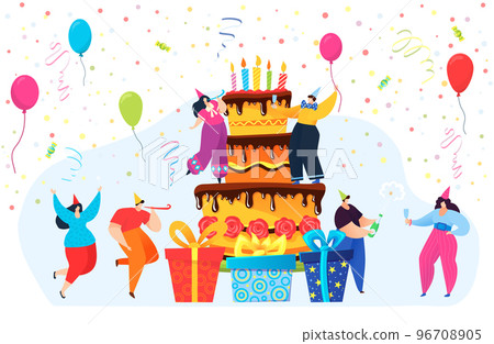Cheerful group of people together celebrate birthday party, tiny character dancing holiday cake flat vector illustration, isolated on white. Cheerful group of people together celebrate birthday party, tiny character dancing holiday cake flat vector illustration, isolated on white. 96708905
