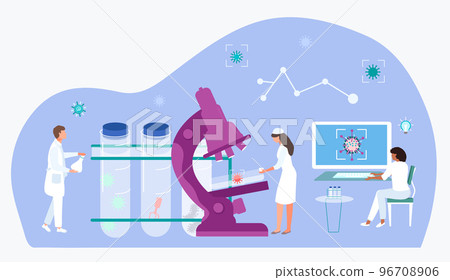 Biology research associate doctor, tiny character scientific worker observe microscope flat vector illustration, isolated on white. Biology research associate doctor, tiny character scientific worker observe microscope flat vector illustration, isolated on white. 96708906