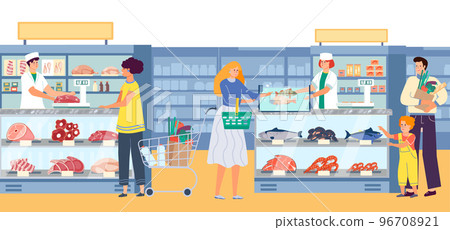 Group of people character together buy meat product in butcher store, local supermarket with organic mince fish flat vector illustration. 96708921