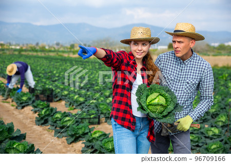 Positive couple of farmers woman and man standing at farm field 96709166