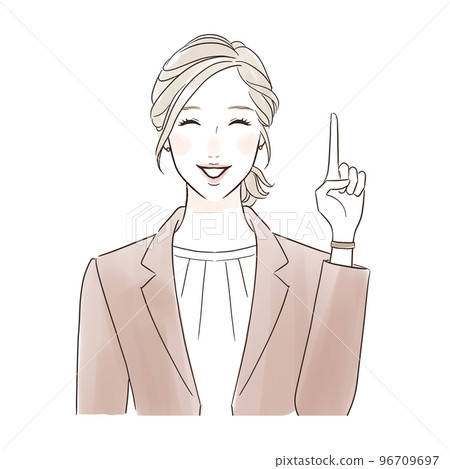 A middle-aged woman in a suit pointing with a smile A middle-aged woman in a suit pointing with a smile 96709697