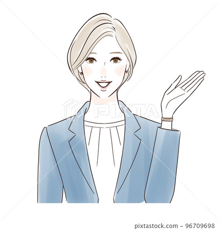 A middle-aged woman in a suit who guides you with a smile 96709698