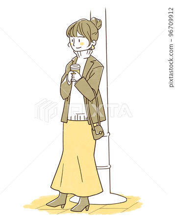 A woman holding coffee and standing by a streetlight (simple color) 96709912