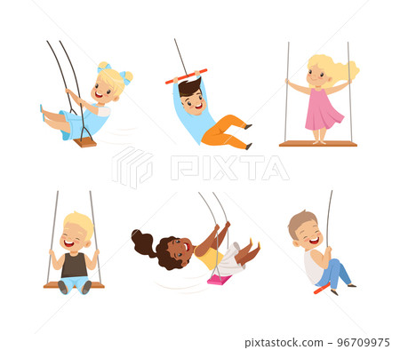Cute Little Kids Swinging on Rope Swings Having Fun Outdoor Vector Set 96709975