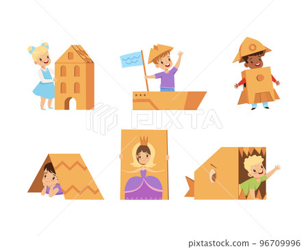 Little Kids Playing Game with Cardboard Boxes and Carton Vector Set 96709996