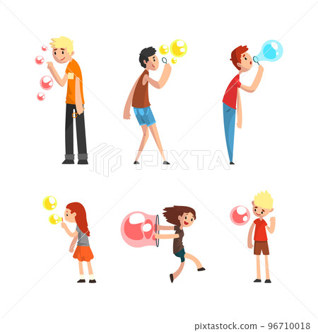 Cheerful Teen Boy and Girl Blowing Colorful Soap Bubbles Having Fun Vector Set 96710018