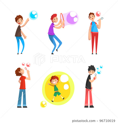 Cheerful Teen Boy Blowing Colorful Soap Bubbles Having Fun Vector Set Cheerful Teen Boy Blowing Colorful Soap Bubbles Having Fun Vector Set 96710019