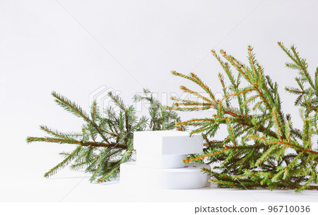 Minimalistic eco friendly scandinavian christmas background in white colors. Fir branches and white empty podium Minimalistic eco friendly scandinavian christmas background in white colors. Fir branches and white empty podium 96710036