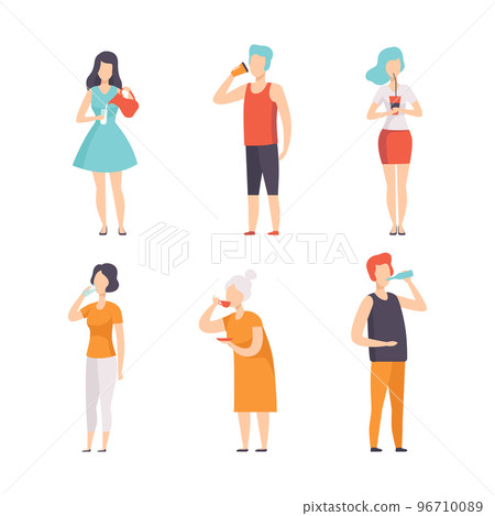 People Characters Standing and Drinking Different Beverage Vector Set People Characters Standing and Drinking Different Beverage Vector Set 96710089