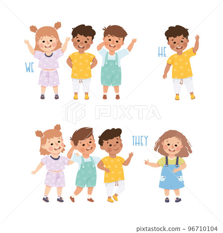 English Subject Pronoun with Funny Boy and Girl Demonstrating Word Vector Set 96710104