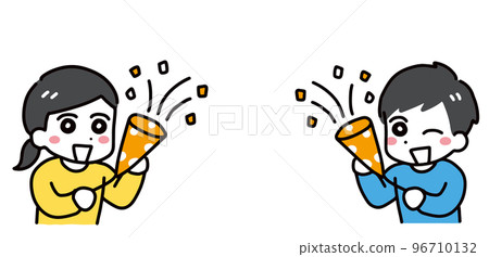 Young men and women in casual clothes celebrating with smiles and popping crackers (upper body) Young men and women in casual clothes celebrating with smiles and popping crackers (upper body) 96710132