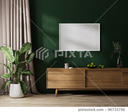 Horizontal white picture frame mock up on dresser in modern room interior with green wall with sunlight, curtain and green plant, 3d rendering Horizontal white picture frame mock up on dresser in modern room interior with green wall with sunlight, curtain and green plant, 3d rendering 96710786