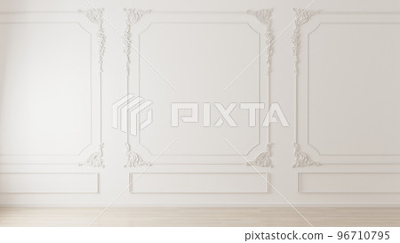 White wall with classic style mouldings and wooden floor, empty room interior, 3d render 96710795