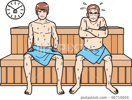 Middle-aged man competing with young people in the sauna 96710956