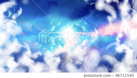 A background illustration of a beautifully shining mysterious light, a rainbow-colored nebula and a sea of clouds floating in space, and white angel wings fluttering A background illustration of a beautifully shining mysterious light, a rainbow-colored nebula and a sea of clouds floating in space, and white angel wings fluttering 96711540
