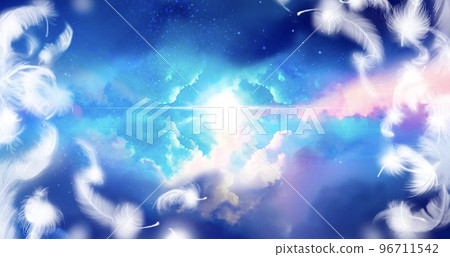 A background illustration of a beautifully shining mysterious light, a rainbow-colored nebula and a sea of clouds floating in space, and white angel wings fluttering A background illustration of a beautifully shining mysterious light, a rainbow-colored nebula and a sea of clouds floating in space, and white angel wings fluttering 96711542