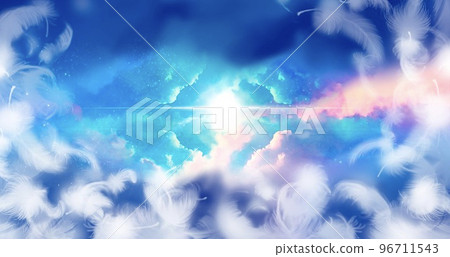 A background illustration of a beautifully shining mysterious light, a rainbow-colored nebula and a sea of clouds floating in space, and white angel wings fluttering A background illustration of a beautifully shining mysterious light, a rainbow-colored nebula and a sea of clouds floating in space, and white angel wings fluttering 96711543