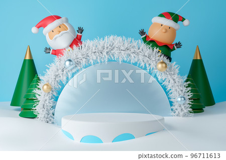 3d rendering Christmas day empty cylinder podium with Santa Claus, elf and decorations. 96711613