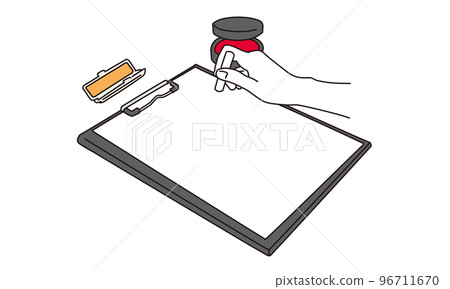 A woman's hand stamping a seal on a document 96711670