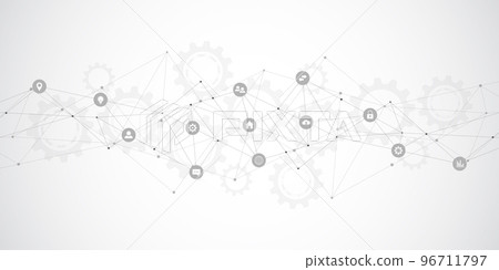 Information technology background with infographic elements and flat icons. Digital technology, network connection and communication concept. High quality illustration 96711797