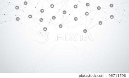 Information technology background with infographic elements and flat icons. Digital technology, network connection and communication concept. High quality illustration 96711798