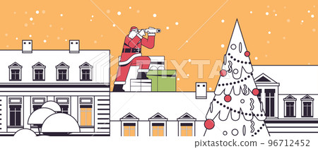 santa claus sitting on the roof and looking through binoculars merry christmas happy new year winter holidays celebration santa claus sitting on the roof and looking through binoculars merry christmas happy new year winter holidays celebration 96712452