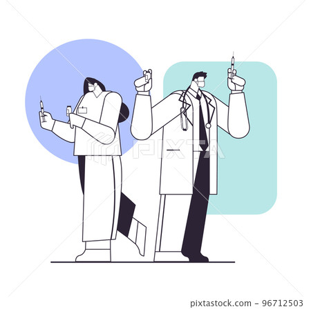 doctors in protective masks holding syringe and bottle vial coronavirus vaccine development fight against covid-19 concept 96712503