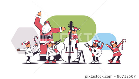 elves with musical instruments santa helpers playing guitar and trumpet happy new year christmas holidays celebration elves with musical instruments santa helpers playing guitar and trumpet happy new year christmas holidays celebration 96712507