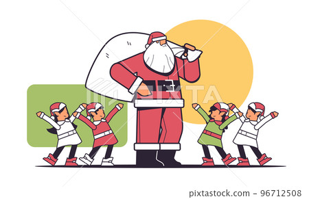 santa claus standing with mix race elves in uniform happy new year merry christmas holidays celebration greeting card horizontal 96712508