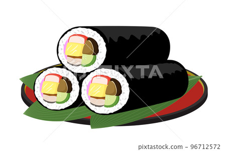 三個 Ehomaki 卷在盤子上的插圖在 Setsubun 上吃 三個 Ehomaki 卷在盤子上的插圖在 Setsubun 上吃 96712572