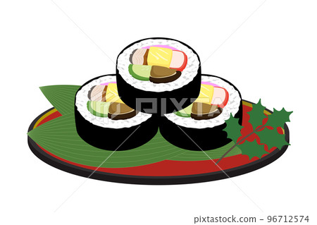 Illustration of Ehomaki, a futomaki sushi that is cut and placed on a plate 96712574