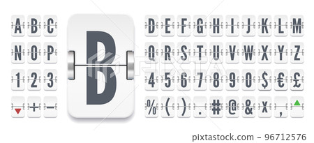 Airport flip board mechanical abc for flight departure or finance information showing. White terminal scoreboard font for stock exchange rates vector illustration. 96712576