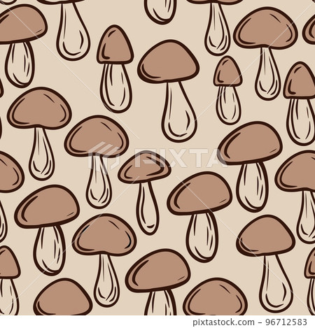 Hand drawn seamless pattern with beige brown forest wood mushrooms. Woodland minimalist toadstool wild fungus fungi, nature poisonous plant organic season. 96712583