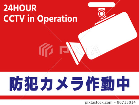 Security camera in operation. Illustration of a signboard showing a surveillance camera in operation to prevent shoplifting, burglary, and car break-ins. 96713014