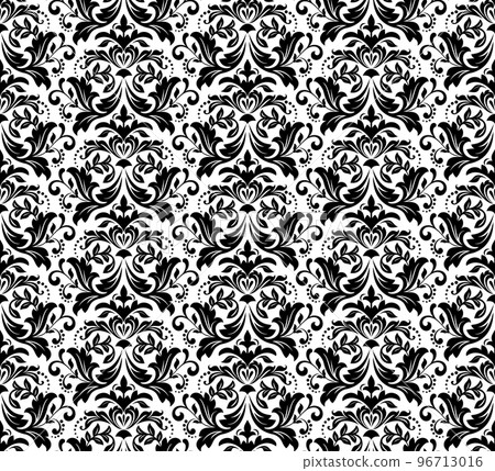 Wallpaper in the style of Baroque. Seamless vector background. White and black floral ornament. Graphic pattern for fabric, wallpaper, packaging. Ornate Damask flower ornament Wallpaper in the style of Baroque. Seamless vector background. White and black floral ornament. Graphic pattern for fabric, wallpaper, packaging. Ornate Damask flower ornament 96713016