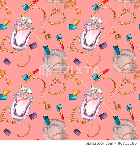 Perfume bottle with bijou, rouge watercolor seamless pattern isolated on coral. 96713100