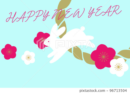 A cute New Year's card template with a white rabbit jumping on a light blue background, a rope and a plum A cute New Year's card template with a white rabbit jumping on a light blue background, a rope and a plum 96713504