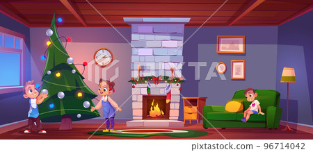 Children decorate Christmas tree at home interior Children decorate Christmas tree at home interior 96714042