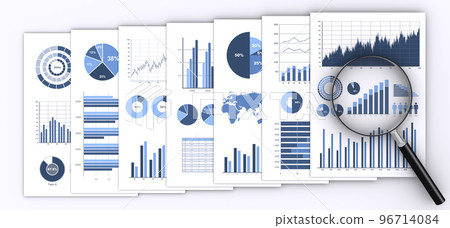 Business documents and magnifying glass, many documents and data analysis 96714084