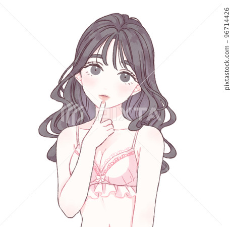 一個女人的內衣粉紅色，將手指放在她的嘴唇上，向上看 96714426