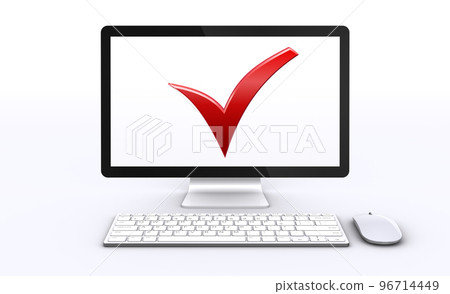Check mark and desktop computer, PC quality and security check image 96714449