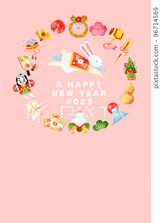 Hand-painted watercolor | New Year 2023 Year of the Rabbit Vertical New Year's card Background pink Hand-painted watercolor | New Year 2023 Year of the Rabbit Vertical New Year's card Background pink 96714569
