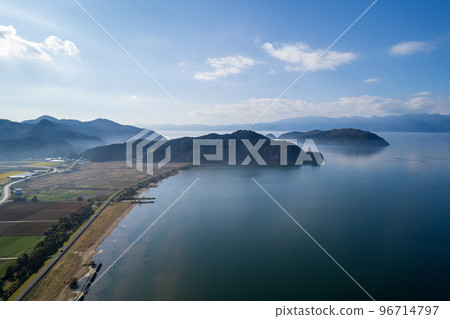 Drone photography | Aerial photography of Mt. Izaki and Okishima from the shore of Lake Biwa | Omihachiman City, Shiga Prefecture 96714797