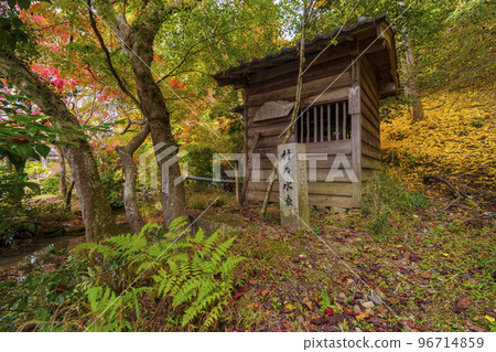 染上紅葉的水車“村之水磨”（京都市左京區上高野） 96714859
